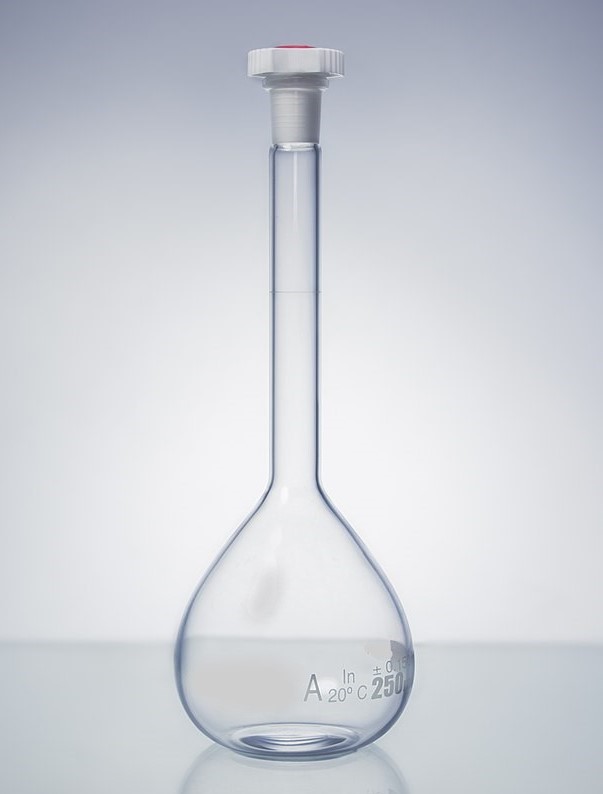 VOLUMETRIC FLASK, CLEAR GLASS, WITH GLASS STOPPER